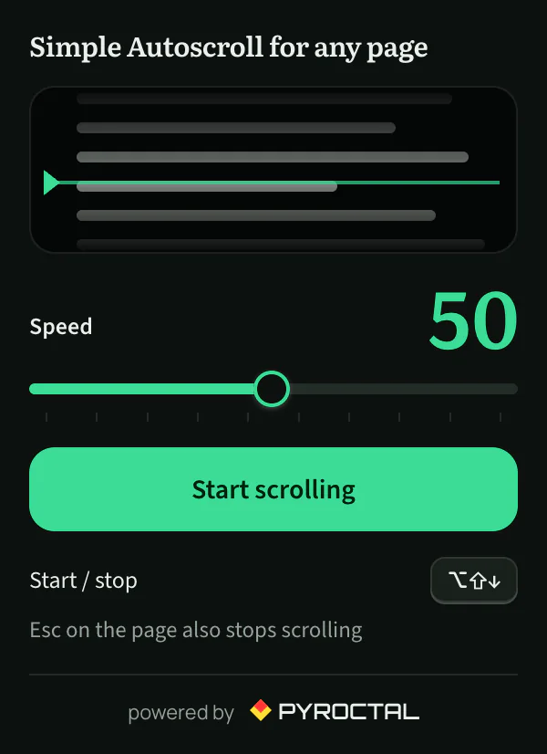 The Simple Autoscroll for any page popup: a reading-line preview, speed 50 and the Start scrolling button